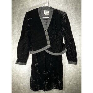 Vintage Nipon Coature 2 Piece Midi Skirt Suit Black Velour 4 Button Blazer
